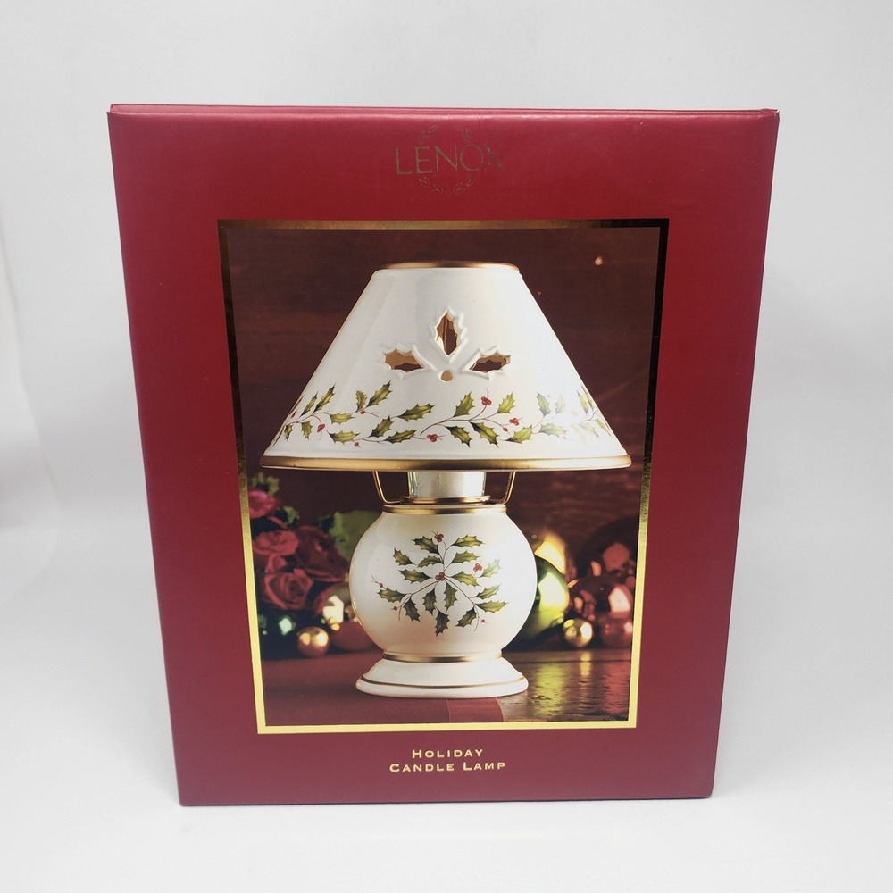 Lenox Holiday Candle Lamp Ivory Porcelain Holly Berries 24k Gold Trim Christmas